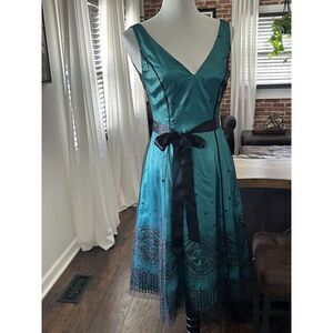 Adrianna Papell Boutique Fit & Flare Dress Teal Black Sequins Mesh‎ Size 2 $250